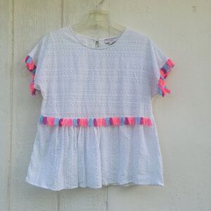 Andrée By Unit  White Eyelet Embroidered Babydoll Tasseled Boho Top Wmns L